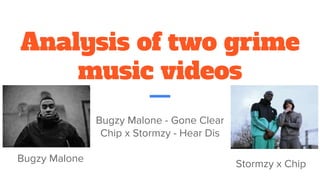 Analysis of two grime
music videos
Bugzy Malone - Gone Clear
Chip x Stormzy - Hear Dis
Bugzy Malone
Stormzy x Chip
 