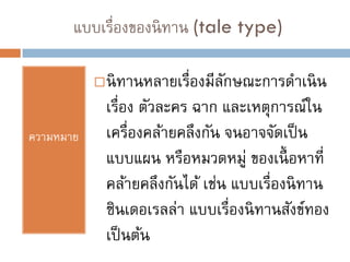 แบบเรื่องของนิทาน (tale type)
ความหมาย
นิทานหลายเรื่องมีลักษณะการดาเนิน
เรื่อง ตัวละคร ฉาก และเหตุการณ์ใน
เครื่องคล้ายคลึงกัน จนอาจจัดเป็น
แบบแผน หรือหมวดหมู่ ของเนื้ อหาที่
คล้ายคลึงกันได้ เช่น แบบเรื่องนิทาน
ซินเดอเรลล่า แบบเรื่องนิทานสังข์ทอง
เป็นต้น
 
