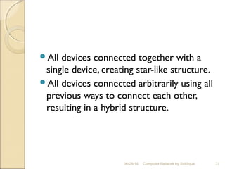 All devices connected together with a
single device, creating star-like structure.
All devices connected arbitrarily using all
previous ways to connect each other,
resulting in a hybrid structure.
37Computer Network by Siddique06/28/16
 