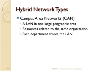 Hybrid NetworkTypesHybrid NetworkTypes
Campus Area Networks (CAN)
◦ A LAN in one large geographic area
◦ Resources related to the same organization
◦ Each department shares the LAN
9A-55 Computer Network by Siddique06/28/16
 