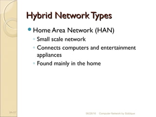 Hybrid NetworkTypesHybrid NetworkTypes
Home Area Network (HAN)
◦ Small scale network
◦ Connects computers and entertainment
appliances
◦ Found mainly in the home
9A-57 Computer Network by Siddique06/28/16
 
