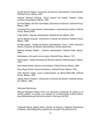 160
Acosta Romero Miguel, Compendio de Derecho administrativo, Parte General.
Editorial Porrúa, México, 2003.
Andrade Sánchez Eduardo, Teoría general del Estado, Editorial Textos
Jurídicos Universitarios, México, 1987.
De Pina Rafael y De Pina Vara Rafael, Diccionario de Derecho, Editorial Porrúa.
México, 1995.
Fernández Ruiz Jorge Derecho administrativo y administración pública. Editorial
Porrúa. México 2009.
Fraga Gabino, Derecho administrativo, Editorial Porrúa, México, 2001.
García Máynez Eduardo. Introducción al estudio del Derecho, Editorial Porrúa,
México, 1999.
Gordillo Agustín. Tratado de Derecho administrativo, Tomo I, Parte, General 8
edición Fundación de Derecho Administrativo, Edición electrónica.
Martínez Morales Rafael I., Derecho administrativo, Editorial Harla, México,
2008.
Montesquieu, Del espíritu de las Leyes, Editorial Porrúa, México, 1971,
Petit Eugene, Tratado Elemental de Derecho Romano, Editorial Edesa, México,
1978.
Serra Rojas Andrés, Derecho administrativo, Editorial Porrúa, México, 2008.
Serra Rojas Andrés, El acto de Gobierno, Editorial Porrúa, México, 1975.
Tena Ramírez Felipe. Leyes Fundamentales de México1808-1995. Editorial
Porrúa, México, 1995.
Vallado Berrón Fausto E. Introducción al Estudio del Derecho, Editorial Herrero
S.A. México, 1960.
Ediciones Electrónicas.
Barquet Rodríguez Alfredo Farid. Las relaciones individuales de trabajo en el
servicio público, el contrato y su impacto en la administración pública federal.
www.bibliojurídica.gob fecha de consulta 12 de mayo del 2010.
Carbonelli Miguel, Salazar Pedro. División de Poderes y Régimen Presidencial
en México. www.bibliojurídica.org fecha de consulta 19 de abril del 2010.
 