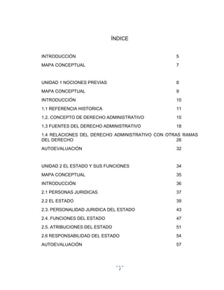 2
ÍNDICE
INTRODUCCIÓN 5
MAPA CONCEPTUAL 7
UNIDAD 1 NOCIONES PREVIAS 8
MAPA CONCEPTUAL 9
INTRODUCCIÓN 10
1.1 REFERENCIA HISTORICA 11
1.2. CONCEPTO DE DERECHO ADMINISTRATIVO 15
1.3 FUENTES DEL DERECHO ADMINISTRATIVO 18
1.4 RELACIONES DEL DERECHO ADMINISTRATIVO CON OTRAS RAMAS
DEL DERECHO 26
AUTOEVALUACIÓN 32
UNIDAD 2 EL ESTADO Y SUS FUNCIONES 34
MAPA CONCEPTUAL 35
INTRODUCCIÓN 36
2.1 PERSONAS JURIDICAS 37
2.2 EL ESTADO 39
2.3. PERSONALIDAD JURIDICA DEL ESTADO 43
2.4. FUNCIONES DEL ESTADO 47
2.5. ATRIBUCIONES DEL ESTADO 51
2.6 RESPONSABILIDAD DEL ESTADO 54
AUTOEVALUACIÓN 57
 