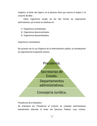 72
subjetivo, el titular del órgano, es la persona física que reaviva el órgano o el
conjunto de ellas.
Estos organismos surgen de las tres formas de organización
administrativa, por lo tanto se clasifican en:
1) Organismos centralizados.
2) Organismos desconcentrados.
3) Organismos descentralizados.
Organismos centralizados
De acuerdo con la Ley Orgánica de la Administración pública, la centralización
se organizará de la siguiente manera:
Presidencia de la República
Se entenderá por Presidencia el conjunto de unidades administrativas
directamente adscritas al titular del Ejecutivo Federal, cuyo número,
Presidente.
Secretarías de
Estado.
Departamentos
administrativos.
Consejería Jurídica.
 