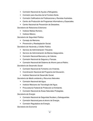 82
 Comisión Nacional de Ayuda a Refugiados.
 Comisión para Asuntos de la Frontera Norte.
 Comisión Calificadora de Publicaciones y Revistas Ilustradas.
 Centro de Producción de Programas Informativos y Especiales.
 Centro Nacional de Prevención de Desastres.
Secretaría de Relaciones Exteriores
 Instituto Matías Romero.
 Instituto México.
Secretaría de Seguridad Pública
 Consejo de Menores.
 Prevención y Readaptación Social.
Secretaría de Hacienda y Crédito Público
 Servicio de Administración Tributaria
 Servicio de Administración de Bienes Asegurados.
 Comisión Nacional Bancaria y de Valores.
 Comisión Nacional de Seguros y Fianzas.
 Comisión Nacional del Sistema de Ahorro para el Retiro.
Secretaría de Desarrollo Social
 Comisión Nacional de Fomento a la Vivienda.
 Coordinación Nacional del Programa de Educación.
 Instituto Nacional de Desarrollo Social.
Secretaría de Medio ambiente y Recursos Naturales
 Comisión Nacional del Agua.
 Instituto Mexicano de Tecnología del Agua.
 Procuraduría Federal de Protección al Ambiente.
 Comisión Nacional de Áreas Naturales Protegidas.
Secretaría de Energía
 Comisión Nacional de Seguridad Nuclear y Salvaguardas.
 Comisión Nacional para el ahorro de Energía.
 Comisión Reguladora de Energía.
Secretaria de Economía
 
