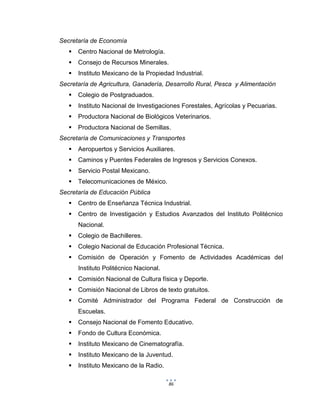 86
Secretaría de Economía
 Centro Nacional de Metrología.
 Consejo de Recursos Minerales.
 Instituto Mexicano de la Propiedad Industrial.
Secretaría de Agricultura, Ganadería, Desarrollo Rural, Pesca y Alimentación
 Colegio de Postgraduados.
 Instituto Nacional de Investigaciones Forestales, Agrícolas y Pecuarias.
 Productora Nacional de Biológicos Veterinarios.
 Productora Nacional de Semillas.
Secretaría de Comunicaciones y Transportes
 Aeropuertos y Servicios Auxiliares.
 Caminos y Puentes Federales de Ingresos y Servicios Conexos.
 Servicio Postal Mexicano.
 Telecomunicaciones de México.
Secretaría de Educación Pública
 Centro de Enseñanza Técnica Industrial.
 Centro de Investigación y Estudios Avanzados del Instituto Politécnico
Nacional.
 Colegio de Bachilleres.
 Colegio Nacional de Educación Profesional Técnica.
 Comisión de Operación y Fomento de Actividades Académicas del
Instituto Politécnico Nacional.
 Comisión Nacional de Cultura física y Deporte.
 Comisión Nacional de Libros de texto gratuitos.
 Comité Administrador del Programa Federal de Construcción de
Escuelas.
 Consejo Nacional de Fomento Educativo.
 Fondo de Cultura Económica.
 Instituto Mexicano de Cinematografía.
 Instituto Mexicano de la Juventud.
 Instituto Mexicano de la Radio.
 
