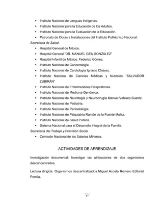 87
 Instituto Nacional de Lenguas Indígenas.
 Instituto Nacional para la Educación de los Adultos.
 Instituto Nacional para la Evaluación de la Educación.
 Patronato de Obras e Instalaciones del Instituto Politécnico Nacional.
Secretaría de Salud
 Hospital General de México.
 Hospital General “DR. MANUEL GEA GONZÁLEZ”
 Hospital Infantil de México. Federico Gómez.
 Instituto Nacional de Cancerología.
 Instituto Nacional de Cardiología Ignacio Chávez.
 Instituto Nacional de Ciencias Médicas y Nutrición “SALVADOR
ZUBIRÁN”
 Instituto Nacional de Enfermedades Respiratorias.
 Instituto Nacional de Medicina Genómica.
 Instituto Nacional de Neurología y Neurocirugía Manuel Velasco Suaréz.
 Instituto Nacional de Pediatría.
 Instituto Nacional de Perinatología
 Instituto Nacional de Psiquiatría Ramón de la Fuente Muñiz.
 Instituto Nacional de Salud Pública.
 Sistema Nacional para el Desarrollo Integral de la Familia.
Secretaría del Trabajo y Previsión Social
 Comisión Nacional de los Salarios Mínimos.
ACTIVIDADES DE APRENDIZAJE
Investigación documental: Investigar las atribuciones de dos organismos
desconcentrados.
Lectura dirigida: Organismos descentralizados Miguel Acosta Romero Editorial
Porrúa.
 