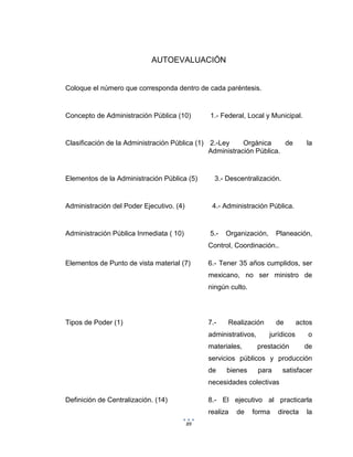 89
AUTOEVALUACIÓN
Coloque el número que corresponda dentro de cada paréntesis.
Concepto de Administración Pública (10) 1.- Federal, Local y Municipal.
Clasificación de la Administración Pública (1) 2.-Ley Orgánica de la
Administración Pública.
Elementos de la Administración Pública (5) 3.- Descentralización.
Administración del Poder Ejecutivo. (4) 4.- Administración Pública.
Administración Pública Inmediata ( 10) 5.- Organización, Planeación,
Control, Coordinación..
Elementos de Punto de vista material (7) 6.- Tener 35 años cumplidos, ser
mexicano, no ser ministro de
ningún culto.
Tipos de Poder (1) 7.- Realización de actos
administrativos, jurídicos o
materiales, prestación de
servicios públicos y producción
de bienes para satisfacer
necesidades colectivas
Definición de Centralización. (14) 8.- El ejecutivo al practicarla
realiza de forma directa la
 