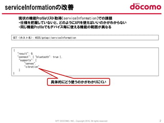 NTT DOCOMO, INC., Copyright 2016, All rights reserved. 2
{
"result": 0,
"connect": { "bluetooth": true },
"supports": [
"canvas",
"vibration"
]
}
現状の機能Profileリスト取得（serviceInformation）での課題
・仕様を把握していないと、どのようにAPIを使えばいいのかがわからない
・同じ機能Profileでもデバイス毎に使える機能の範囲が異なる
GET <ホスト名>：4035/gotapi/serviceInformation
具体的にどう使うのかがわかりにくい
serviceInformationの改善
 