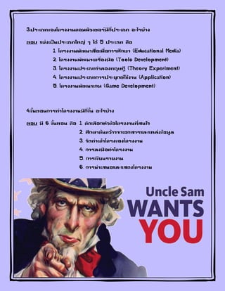 3.ประเภทของโครงงานคอมพิวเตอร์มีกี่ประเภท อะไรบ้าง
ตอบ แบ่งเป็นประเภทใหญ่ ๆ ได้ 5 ประเภท คือ
1. โครงงานพัฒนาสื่อเพื่อการศึกษา (Educational Media)
2. โครงงานพัฒนาเครื่องมือ (Tools Development)
3. โครงงานประเภทจาลองทฤษฎี (Theory Experiment)
4. โครงงานประเภทการประยุกต์ใช้งาน (Application)
5. โครงงานพัฒนาเกม (Game Development)
4.ขั้นตอนการทาโครงงานมีกี่ขั้น อะไรบ้าง
ตอบ มี 6 ขั้นตอน คือ 1. คัดเลือกหัวข้อโครงงานที่สนใจ
2. ศึกษาค้นคว้าจากเอกสารและแหล่งข้อมูล
3. จัดทาเค้าโครงของโครงงาน
4. การลงมือทาโครงงาน
5. การเขียนรายงาน
6. การนาเสนอและแสดงโครงงาน
 