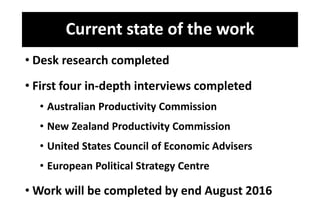 Current state of the work
• Desk research completed
• First four in-depth interviews completed
• Australian Productivity Commission
• New Zealand Productivity Commission
• United States Council of Economic Advisers
• European Political Strategy Centre
• Work will be completed by end August 2016
 