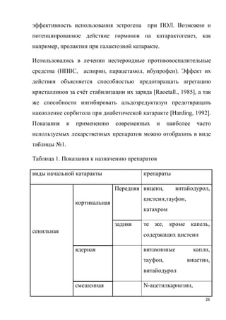 26
эффективность использования эстрогена при ПОЛ. Возможно и
потенциированное действие гормонов на катарактогенез, как
например, пролактин при галактозной катаракте.
Использовались в лечении нестероидные противовоспалительные
средства (НПВС, аспирин, парацетамол, ибупрофен). Эффект их
действия объясняется способностью предотвращать агрегацию
кристаллинов за счёт стабилизации их заряда [Raoetall., 1985], а так
же способности ингибировать альдозредуктазуи предотвращать
накопление сорбитола при диабетической катаракте [Harding, 1992].
Показания к применению современных и наиболее часто
используемых лекарственных препаратов можно отобразить в виде
таблицы №1.
Таблица 1. Показания к назначению препаратов
виды начальной катаракты препараты
сенильная
кортикальная
Передняя вицеин, витайодурол,
цистеин,тауфон,
катахром
задняя те же, кроме капель,
содержащих цистеин
ядерная витаминные капли,
тауфон, вицетин,
витайодурол
смешенная N-ацетилкарнозин,
 
