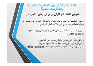 ‫اﻟﺗﻌﺎﻗد‬‫اﻟدﯾدﻛﺗﯾﻛﻲ‬‫ﺑﯾن‬‫اﻟﻣﻘﺎرﺑﺎت‬‫اﻟﺗﻘﻠﯾدﯾﺔ‬
‫واﻟﻣﻘﺎرﺑﺎت‬‫اﻟﺣدﯾﺛﺔ‬
‫اﻟدﯾدﻛﺗﯾﻛﻲ‬ ‫اﻟﺗﻌﺎﻗد‬ ‫ﻏﻣوض‬‫اﻻﻧﺣراﻓﺎت‬ ‫ﺑﻌض‬ ‫إﻟﻰ‬ ‫ﯾؤدي‬:
-‫ﻣن‬ ‫اﻟﻣﺗﻌﻠﻣﯾن‬ ‫ﻋﺟز‬‫ﯾﺗوﺧﺎه‬ ‫ﻣﺎ‬ ‫أو‬ ‫ﯾرﯾده‬ ‫ﻣﺎ‬ ‫ﻣﻌرﻓﺔ‬‫اﻟﻣدرس‬‫ﻋﻣﻠﮭم‬ ‫ﻣن‬‫ﻗد‬
‫ﻣﻣﺎ‬ ‫اﻟﻣﺗﻌﻠﻣﯾن‬ ‫ﯾرﺑك‬‫اﻟﺗﻌﺛر‬ ‫ﺣﺎﻻت‬ ‫إﻟﻰ‬ ‫ﯾؤدي‬‫اﻟدراﺳﻲ‬.
-‫ﺳﻣﺎﻋﮭﺎ‬ ‫ﯾرﯾد‬ ‫اﻟﺗﻲ‬ ‫اﻷﺟوﺑﺔ‬ ‫ﻣﻘﺎس‬ ‫ﻋﻠﻰ‬ ‫اﻟدرس‬ ‫أﺳﺋﻠﺔ‬ ‫اﻟﻣدرس‬ ‫ﯾﮭﯾﺊ‬
)Effet Topaze.(
-‫ﻋن‬ ‫ﺻﺎدر‬ ‫ﺳﻠوﻛﻲ‬ ‫ﻣؤﺷر‬ ‫أدﻧﻰ‬ ‫ﺑﺗﻘﺑل‬ ‫ﯾﻛﺗﻔﻲ‬‫اﻟﻣﺗﻌﻠﻣﯾن‬،
،‫إﻧﺟﺎزه‬ ‫ﻣﻧﮭم‬ ‫طﻠب‬ ‫ﻟﻣﺎ‬ ‫اﻻﺳﺗﺟﺎﺑﺔ‬ ‫ﻋﻠﻰ‬ ‫دﻟﯾﻼ‬ ‫إﯾﺎه‬ ‫ﻣﻌﺗﺑرا‬
‫ﻣﻘﻧﻊ‬ ‫ﻏﯾر‬ ‫و‬ ‫ﻋﺎدﯾﺎ‬ ‫اﻟﻣؤﺷر‬ ‫ذﻟك‬ ‫ﻛﺎن‬ ‫إن‬ ‫و‬ ‫ﺣﺗﻰ‬.)Effet Jourdain.(
 