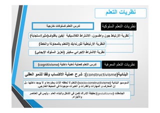 ‫اﻟﺳﻠوﻛﯾﺔ‬ ‫اﻟﺗﻌﻠم‬ ‫ﻧظرﯾﺎت‬
‫أﯾﻔﯾن‬ ‫اﻟﻛﻼﺳﯾﻛﯾﺔ‬ ‫اﻻﺷﺗراط‬ ،‫واطﺳون‬ ‫ﺟون‬ ‫اﻻرﺗﺑﺎط‬ ‫ﻧظرﯾﺔ‬‫ﺑﺎﻓﻠوف‬)‫ﻣﺛﯾر‬/‫اﺳﺗﺟﺎﺑﺔ‬(
‫اﻟﻧظرﯾﺔ‬‫اﻻرﺗﺑﺎطﯾﺔ‬‫ﻟﺛورﻧداﯾك‬)‫واﻟﺧطﺄ‬ ‫ﺑﺎﻟﻣﺣﺎوﻟﺔ‬ ‫اﻟﺗﻌﻠم‬(
‫اﻹﺟراﺋﻲ‬ ‫اﻻﺷﺗراط‬ ‫ﻧظرﯾﺔ‬‫ﺳﻛﯾﻧر‬)‫اﻹﯾﺟﺎﺑﻲ‬ ‫اﻟﺳﻠوك‬ ‫ﺗﻌزﯾز‬(
‫اﻟﺗﻌﻠم‬ ‫ﻧظرﯾﺎت‬
‫اﻟﻣﻌرﻓﯾﺔ‬ ‫اﻟﺗﻌﻠم‬ ‫ﻧظرﯾﺎت‬
‫اﻟﺑﻧﺎﺋﯾﺔ‬)constructivisme:(‫اﻟﻌﻘﻠﻲ‬ ‫ﻟﻠﻧﻣو‬ ‫وﻓﻘﺎ‬ ‫اﻻﻛﺗﺳﺎب‬ ‫ﻋﻣﻠﯾﺔ‬ ‫ﺷرح‬
‫اﻟﺳوﺳﯾو‬‫اﻟﺑﻧﺎﺋﯾﺔ‬)socio-constructivisme:(‫ﺑﻣﻔردھﺎ‬ ‫اﻟذات‬ ‫ﺗﺣﻘﻘﮫ‬ ‫ﻻ‬ ‫اﻟﺗﻌﻠم‬‫و‬‫ﺑل‬ ،‫داﺧﻠﮭﺎ‬ ‫ﯾوﺟد‬ ‫ﻻ‬
‫اﻟﻣﻌﺎرف‬ ‫إن‬‫و‬‫واﻟﻘدرات‬ ‫اﻟﻣﮭﺎرات‬‫و‬‫اﻟﺧﺎرﺟﻲ‬ ‫اﻟﻣﺣﯾط‬ ‫ﻓﻲ‬ ‫ﻣوﺟودة‬ ‫اﻟﺧﺑرات‬.
‫اﻟﺟﺷطﻠت‬)gestaltisme:(‫اﻟﻌﻧﺎﺻر‬ ‫ﻓﻲ‬ ‫وﻟﯾس‬ ، ‫اﻟﻌﺎم‬ ‫واﻟﺑﻧﺎء‬ ‫اﻟﺷﻛل‬ ‫ﻓﻲ‬ ‫ﺗﻛﻣن‬ ‫اﻹدراك‬ ‫ﺣﻘﯾﻘﺔ‬
‫واﻷﺟزاء‬.
‫اﻟﺗﻌﻠم‬ ‫ﺗدرس‬‫ﻛﺳﻠوﻛﺎت‬‫ﺧﺎرﺟﯾﺔ‬
‫داﺧﻠﯾﺔ‬ ‫ذھﻧﯾﺔ‬ ‫ﻛﻌﻣﻠﯾﺔ‬ ‫اﻟﺗﻌﻠم‬ ‫ﺗدرس‬)cognitivisme(
 