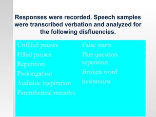 Responses were recorded. Speech samples
were transcribed verbation and analyzed for
the following disfluencies.
Unfilled pauses
Filled pauses
Repetition
Prolongation
Audiable inspiration
Parenthetical remarks
False starts
Part question
repetition
Broken word
hesitations
 
