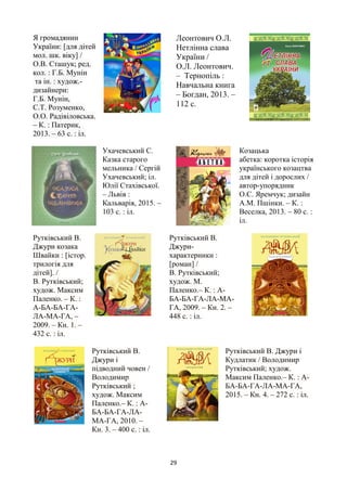 29
Я громадянин
України: [для дітей
мол. шк. віку] /
О.В. Сташук; ред.
кол. : Г.Б. Мунін
та ін. : худож.-
дизайнери:
Г.Б. Мунін,
С.Т. Розуменко,
О.О. Радівіловська.
– К. : Патерик,
2013. – 63 с. : іл.
Леонтович О.Л.
Нетлінна слава
України /
О.Л. Леонтович.
– Тернопiль :
Навчальна книга
– Богдан, 2013. –
112 c.
Ухачевський С.
Казка старого
мельника / Сергій
Ухачевський; іл.
Юлії Стахівської.
– Львів :
Кальварія, 2015. –
103 с. : іл.
Козацька
абетка: коротка історія
українського козацтва
для дітей і дорослих /
автор-упорядник
О.С. Яремчук; дизайн
А.М. Пшінки. – К. :
Веселка, 2013. – 80 с. :
іл.
Рутківський В.
Джури козака
Швайки : [істор.
трилогія для
дітей]. /
В. Рутківський;
худож. Максим
Паленко. – К. :
А-БА-БА-ГА-
ЛА-МА-ГА, –
2009. – Кн. 1. –
432 с. : іл.
Рутківський В.
Джури-
характерники :
[роман] /
В. Рутківський;
худож. М.
Паленко.– К. : А-
БА-БА-ГА-ЛА-МА-
ГА, 2009. – Кн. 2. –
448 с. : іл.
Рутківський В.
Джури і
підводний човен /
Володимир
Рутківський ;
худож. Максим
Паленко.– К. : А-
БА-БА-ГА-ЛА-
МА-ГА, 2010. –
Кн. 3. – 400 с. : іл.
Рутківський В. Джури і
Кудлатик / Володимир
Рутківський; худож.
Максим Паленко.– К. : А-
БА-БА-ГА-ЛА-МА-ГА,
2015. – Кн. 4. – 272 с. : іл.
 