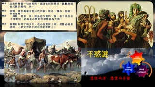 46:1 以 色 列 帶 著 一 切 所 有 的 、 起 身 來 到 別 是 巴 、 就 獻 祭 給
他 父 親 以 撒 的 神 。
46:2 夜 間 神 在 異 象 中 對 以 色 列 說 、 雅 各 、 雅 各 ． 他 說 、
我 在 這 裡 。
46:3 神 說 、 我 是 神 、 就 是 你 父 親 的 神 、 你 下 埃 及 去
不 要 害 怕 、 因 為 我 必 使 你 在 那 裡 成 為 大 族 。
46:4 我 要 和 你 同 下 埃 及 去 、 也 必 定 帶 你 上 來 ． 約 瑟 必 給 你
送 終 。 〔 原 文 作 將 手 按 在 你 的 眼 睛 上 〕
憑信而活、憑望而存留
 