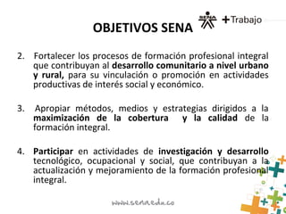 OBJETIVOS SENA
2. Fortalecer los procesos de formación profesional integral
que contribuyan al desarrollo comunitario a nivel urbano
y rural, para su vinculación o promoción en actividades
productivas de interés social y económico.
3. Apropiar métodos, medios y estrategias dirigidos a la
maximización de la cobertura y la calidad de la
formación integral.
4. Participar en actividades de investigación y desarrollo
tecnológico, ocupacional y social, que contribuyan a la
actualización y mejoramiento de la formación profesional
integral.
 