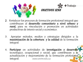 OBJETIVOS SENA
2. Fortalecer los procesos de formación profesional integral que
contribuyan al desarrollo comunitario a nivel urbano y
rural, para su vinculación o promoción en actividades
productivas de interés social y económico.
3. Apropiar métodos, medios y estrategias dirigidos a la
maximización de la cobertura y la calidad de la formación
integral.
4. Participar en actividades de investigación y desarrollo
tecnológico, ocupacional y social, que contribuyan a la
actualización y mejoramiento de la formación profesional
integral.
 