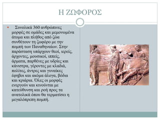 Η ΖΩΦΟΡΟΣ
 Συνολικά 360 ανθρώπινες
μορφές σε ομάδες και μεμονωμένα
άτομα και πλήθος από ζώα
συνθέτουν τη ζωφόρο με την
πομπή των Παναθηναίων. Στην
παράσταση υπάρχουν θεοί, ιερείς,
άρχοντες, μουσικοί, ιππείς,
άρματα, παρθένες με υδρίες και
κάνιστρα, γέροντες με κλαδιά,
πολίτες, άντρες και γυναίκες
έφηβοι και ακόμα άλογα, βόδια
και κριάρια. Όλες οι μορφές
ενεργούν και κινούνται με
κατεύθυνση και ροή προς τα
ανατολικά όπου θα τερματίσει η
μεγαλόπρεπη πομπή.
 