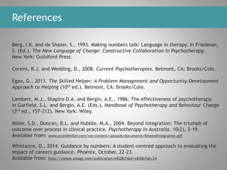 References
Berg, I.K. and de Shazer, S., 1993. Making numbers talk: Language in therapy. In Friedman,
S. (Ed.), The New La...