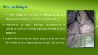 Geomorfologia
• A Penha localiza-se a noroeste do Maciço Ibérico, que
ocupa a parte ocidental e central da Península Ibérica.
• Predominam as rochas graníticas, principalmente, o
Granito de Guimarães (granito biotítico, porfiroide de grão
grosseiro).
• Existem várias colinas tipo domo, blocos e balas com mais
de 5 metros de altura resultantes de meteorização e erosão.
Fig. 5- Granito de Guimarães
 