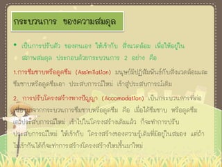 กระบวนการ ของความสมดุล
• เป็นการปรับตัว ของตนเอง ให้เข้ากับ สิ่งแวดล้อม เพื่อให้อยู่ใน
สภาพสมดุล ประกอบด้วยกระบวนการ 2 อย่าง คือ
1.การซึมซาบหรือดูดซึม (Assimilation) มนุษย์มีปฏิสัมพันธ์กับสิ่งแวดล้อมและ
ซึมซาบหรือดูดซึมเอา ประสบการณ์ใหม่ เข้าสู่ประสบการณ์เดิม
2. การปรับโครงสร้างทางปัญญา (Accomodation) เป็นกระบวนการที่ต่อ
เนื่องมาจากกระบวนการซึมซาบหรือดูดซึม คือ เมื่อได้ซึมซาบ หรือดูดซึม
เอาประสบการณ์ใหม่ เข้าไปในโครงสร้างเดิมแล้ว ก็จะทาการปรับ
ประสบการณ์ใหม่ ให้เข้ากับ โครงสร้างของความรู้เดิมที่มีอยู่ในสมอง แต่ถ้า
ไม่เข้ากันได้ก็จะทาการสร้างโครงสร้างใหม่ขึ้นมาใหม่
 