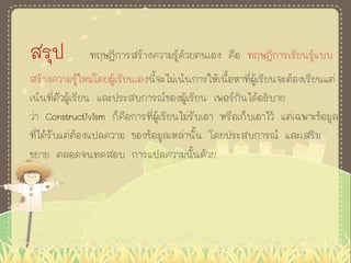สรุป ทฤษฎีการสร้างความรู้ด้วยตนเอง คือ ทฤษฎีการเรียนรู้แบบ
สร้างความรู้ใหม่โดยผู้เรียนเองนี้จะไม่เน้นการให้เนื้อหาที่ผู้เรียนจะต้องเรียนแต่
เน้นที่ตัวผู้เรียน และประสบการณ์ของผู้เรียน เพอร์กินได้อธิบาย
ว่า Constructivism ก็คือการที่ผู้เรียนไม่รับเอา หรือเก็บเอาไว้ แต่เฉพาะข้อมูล
ที่ได้รับแต่ต้องแปลความ ของข้อมูลเหล่านั้น โดยประสบการณ์ และเสริม
ขยาย ตลอดจนทดสอบ การแปลความนั้นด้วย
 