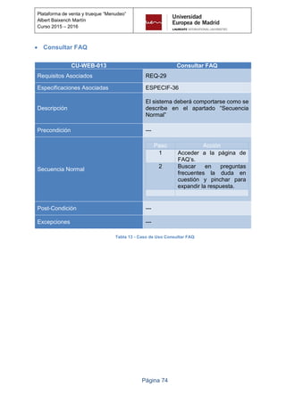 Página 74
Plataforma de venta y trueque “Menudeo”
Albert Baixench Martín
Curso 2015 – 2016
 Consultar FAQ
CU-WEB-013 Consultar FAQ
Requisitos Asociados REQ-29
Especificaciones Asociadas ESPECIF-36
Descripción
El sistema deberá comportarse como se
describe en el apartado “Secuencia
Normal”
Precondición ---
Secuencia Normal
Paso Acción
1 Acceder a la página de
FAQ’s.
2 Buscar en preguntas
frecuentes la duda en
cuestión y pinchar para
expandir la respuesta.
Post-Condición ---
Excepciones ---
Tabla 13 - Caso de Uso Consultar FAQ
 
