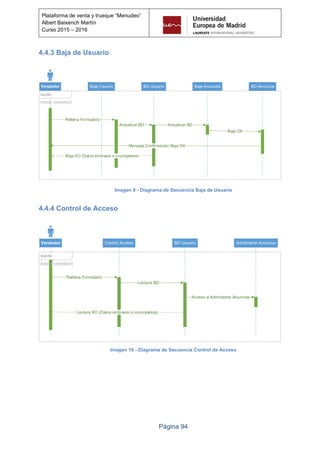 Página 94
Plataforma de venta y trueque “Menudeo”
Albert Baixench Martín
Curso 2015 – 2016
4.4.3 Baja de Usuario
Vendedor BD Usuario Baja Anuncios
Rellena Formulario
Actualizar BD
Baja KO (Datos erróneos o incompletos)
Actualizar BD
Baja Usuario
bucle
[hasta completar]
Mensaje Confirmación Baja OK
BD Anuncios
Baja OK
Imagen 9 - Diagrama de Secuencia Baja de Usuario
4.4.4 Control de Acceso
Vendedor BD Usuario Administrar Anuncios
Rellena Formulario
Lectura BD
Lectura KO (Datos erróneos o incompletos)
Acceso a Administrar Anuncios
Control Acceso
bucle
[hasta completar]
Imagen 10 - Diagrama de Secuencia Control de Acceso
 