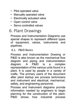 • Pilot operated valve
• Manually operated valve
• Electrically actuated valve
• Open control valve
• Servo controlled valves
6. Plant Drawings
Process and Instrumentation Diagrams use
special shapes to represent different types
of equipment, valves, instruments and
pipelines.
6.1. P&ID Basics
Process and Instrumentation Drawing or
P&ID is also known as the mechanical flow
diagram and piping and instrumentation
diagram. A P&ID is a complex
representation of the various units found in a
plant. It is used by people in a variety of
crafts. The primary users of the document
after plant startup are process technicians
and instrument and electrical, mechanical,
safety, and engineering personnel.
Process and Instrument diagrams provide
information needed by engineers to begin
planning for the construction of the plant.
P&ID shows how industrial process
 