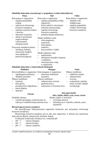 wxy€‚ƒ„ …†‡ˆ‰‘’“’†€…“’” •‚ –y€—ƒˆ… ˜™y€‡‚†ƒ‘‚d€
19
Składniki mineralne uczestnicz ce w gospodarce wodno-elektrolitowej
Potas Sód Chlor
Rola potasu w organizmie:
−−−− reguluje gospodark
wodn ,
−−−− wpływa na równowag
kwasowo-zasadow ,
−−−− reguluje czynno ci mi ni
i nerwów,
−−−− aktywator enzymów,
−−−− udział w przemianie
w glowodanów
i przemianach
energetycznych.
Przyczyny niedoboru potasu:
−−−− anoreksja, bulimia,
stosowanie rodków
moczop dnych i
przeczyszczaj cych.
Rola sodu w organizmie:
−−−− reguluje gospodark wodn
organizmu,
−−−− bierze udział w utrzymaniu
ci nienia osmotycznego,
−−−− reguluje równowag
kwasowo-zasadow ,
−−−− pobudza tkank mi niow .
Skutki niedoboru sodu:
−−−− silne pragnienie,
−−−− zm czenie,
−−−− brak apetytu,
−−−− nudno ci,
−−−− kurcze palców i łydek.
Skutki nadmiaru sodu:
−−−− nadci nienie,
−−−− obci enie narz dów kr enia
i wydalania,
−−−− zatrzymywanie wody
w organizmie.
Rola chloru w organizmie:
−−−− składnik soku
oł dkowego,
−−−− reguluje gospodark
wodn i równowag
kwasowo-zasadow .
Składniki mineralne o ró norodnych funkcjach
Molibden Mangan Selen
Rola molibdenu w organizmie:
−−−− zapobieganie próchnicy,
−−−− składnik enzymów.
Objawy niedoboru:
−−−− wymioty,
−−−− bóle głowy,
−−−− przyspieszone oddychanie,
−−−− nocna lepota,
−−−− pi czka.
Rola manganu w organizmie:
−−−− aktywacja niektórych
enzymów.
Objawy niedoboru:
−−−− zahamowanie wzrostu
−−−− grubienie ko ci,
−−−− zaburzenia w tworzeniu krwi.
Objawy niedoboru:
−−−− osłabienie mi ni,
−−−− zahamowanie
wzrostu,
−−−− uszkodzenie w troby,
nerek, trzustki, układu
rozrodczego.
Chrom Inne pierwiastki
ołów, kadm, nikiel, cyna, arsen, stront
Niedobór chromu:
−−−− czynnik sprzyjaj cy zachorowaniu na
cukrzyc i niedokrwienn chorob serca.
Metale ci kie w ywno ci:
−−−− wywołuj zatrucia,
−−−− kumuluj si w w trobie, nerkach, sercu,
mi niach.
Równowaga kwasowo-zasadowa
Do prawidłowego funkcjonowania organizmu konieczne jest utrzymanie równowagi
kwasowo-zasadowej.
Równowaga kwasowo-zasadowa jest to taki stan organizmu, w którym jest zachowany
stały odczyn płynów ustrojowych, komórek, tkanek.
O odczynie rodowiska wiadczy tzw. wska nik pH:
−−−− pH = 7 – odczyn oboj tny;
−−−− pH  7 – odczyn kwa ny;
−−−− pH  7 – odczyn zasadowy.
 