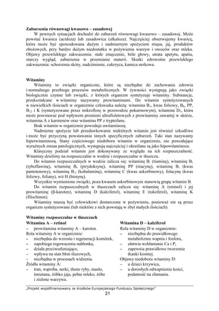 }~€‚ƒ„ …†‡ˆ‰Š‹ŒŒ†€…ŒŽ ‚ €‘ƒˆ… ’“€‡‚†ƒ‹‚”€
21
Zaburzenia równowagi kwasowo – zasadowej
W pewnych sytuacjach dochodzi do zaburze równowagi kwasowo – zasadowej. Mo e
powsta kwasica (acidoza) lub zasadowica (alkaloza). Najcz ciej obserwujemy kwasic ,
która mo e by spowodowana du ym i nadmiernym spo yciem mi sa, jaj, produktów
zbo owych, przy bardzo du ym niedostatku w po ywieniu warzyw i owoców oraz mleka.
Objawy przewlekłego zakwaszenia: stałe zm czenie, bóle głowy, utrata apetytu, apatia,
starczy wygl d, zaburzenia w przemianie materii. Skutki zdrowotne przewlekłego
zakwaszenia: schorzenia skóry, nadci nienie, cukrzyca, kamica nerkowa.
Witaminy
Witaminy to zwi zki organiczne, które s niezb dne do zachowania zdrowia
i normalnego przebiegu procesów metabolicznych. W ywno ci wyst puj jako zwi zki
biologicznie czynne lub zwi zki, z których organizm syntetyzuje witaminy. Substancje,
przekształcane w witaminy nazywamy prowitaminami. Do witamin syntetyzowanych
w niewielkich ilo ciach w organizmie człowieka nale : witamina B1, kwas foliowy, B6, PP,
B12 i K (syntetyzowane przez mikroflor w przewodzie pokarmowym), witamina D3, która
mo e powstawa pod wpływem promieni ultrafioletowych z prowitaminy zawartej w skórze,
witamina A z karotenów oraz witamina PP z tryptofanu.
Brak witamin w organizmie powoduje awitaminoz .
Nadmierne spo ycie lub przedawkowanie niektórych witamin jest równie szkodliwe
i mo e by przyczyn powstawania innych specyficznych zaburze . Taki stan nazywamy
hiperwitaminoz . Stany cz ciowego niedoboru witamin w organizmie, nie powoduj ce
wyra nych zmian patologicznych, wyst puj najcz ciej i okre lane s jako hipowitaminoza.
Klasyczny podział witamin jest dokonywany ze wzgl du na ich rozpuszczalno .
Witaminy dzielimy na rozpuszczalne w wodzie i rozpuszczalne w tłuszczu.
Do witamin rozpuszczalnych w wodzie zalicza si : witamin B1 (tiamin ), witamin B2
(ryboflawin ), witamin B6 (pirydoksyn ), witamin PP (niacyn ), witamin B5 (kwas
pantotenowy), witamin B12 (kobalamin ), witamin C (kwas askorbinowy), folacyn (kwas
foliowy, foliany), wit H (biotyn ).
Wszystkie wymienione zwi zki, poza kwasem askorbinowym stanowi grup witamin B.
Do witamin rozpuszczalnych w tłuszczach zalicza si : witamin A (retinol) i jej
prowitamin ( -karoten), witamin D (kalciferol), witamin E (tokoferol), witamin K
(filochinon).
Witaminy musz by człowiekowi dostarczone w po ywieniu, poniewa nie s przez
organizm syntetyzowane (lub niektóre z nich powstaj w zbyt małych ilo ciach).
Witaminy rozpuszczalne w tłuszczach
Witamina A – retinol Witamina D – kalciferol
−−−− prowitamina witaminy A – karoten.
Rola witaminy A w organizmie:
−−−− niezb dna do wzrostu i regeneracji komórek,
−−−− zapobiega rogowaceniu nabłonka,
−−−− działa przciwutleniaj co,
−−−− wpływa na stan błon luzowych,
−−−− niezb dna w procesach widzenia.
ródła witaminy A:
−−−− tran, w troba, nerki, tłuste ryby, masło,
mietana, ółtko jaja, pełne mleko, ółte
i zielone warzywa.
Rola witaminy D w organizmie:
−−−− niezb dna do prawidłowego
metabolizmu wapnia i fosforu,
−−−− ułatwia wchłanianie Ca i P,
−−−− zapewnia prawidłowe tworzenie
tkanki kostnej.
Objawy niedoboru witaminy D:
−−−− u dzieci krzywica,
−−−− u dorosłych odwapnienie ko ci,
podatno na złamania.
ródła witaminy D:
 