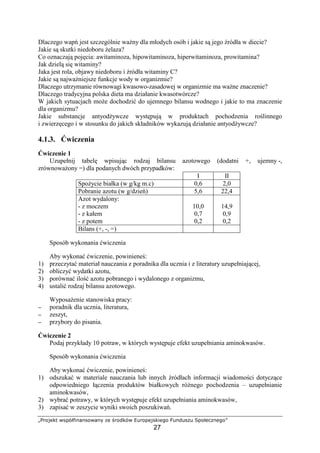 !#$%'()(!)(0 1 23$! 45#'6
27
Dlaczego wap jest szczególnie wa ny dla młodych osób i jakie s jego ródła w diecie?
Jakie s skutki niedoboru elaza?
Co oznaczaj poj cia: awitaminoza, hipowitaminoza, hiperwitaminoza, prowitamina?
Jak dziel si witaminy?
Jaka jest rola, objawy niedoboru i ródła witaminy C?
Jakie s najwa niejsze funkcje wody w organizmie?
Dlaczego utrzymanie równowagi kwasowo-zasadowej w organizmie ma wa ne znaczenie?
Dlaczego tradycyjna polska dieta ma działanie kwasotwórcze?
W jakich sytuacjach mo e dochodzi do ujemnego bilansu wodnego i jakie to ma znaczenie
dla organizmu?
Jakie substancje antyod ywcze wyst puj w produktach pochodzenia ro linnego
i zwierz cego i w stosunku do jakich składników wykazuj działanie antyod ywcze?
4.1.3. wiczenia
wiczenie 1
Uzupełnij tabel wpisuj c rodzaj bilansu azotowego (dodatni +, ujemny -,
zrównowa ony =) dla podanych dwóch przypadków:
I II
Spo ycie białka (w g/kg m.c) 0,6 2,0
Pobranie azotu (w g/dzie ) 5,6 22,4
Azot wydalony:
- z moczem
- z kałem
- z potem
10,0
0,7
0,2
14,9
0,9
0,2
Bilans (+, -, =)
Sposób wykonania wiczenia
Aby wykona wiczenie, powiniene :
1) przeczyta materiał nauczania z poradnika dla ucznia i z literatury uzupełniaj cej,
2) obliczy wydatki azotu,
3) porówna ilo azotu pobranego i wydalonego z organizmu,
4) ustali rodzaj bilansu azotowego.
Wyposa enie stanowiska pracy:
−−−− poradnik dla ucznia, literatura,
−−−− zeszyt,
−−−− przybory do pisania.
wiczenie 2
Podaj przykłady 10 potraw, w których wyst puje efekt uzupełniania aminokwasów.
Sposób wykonania wiczenia
Aby wykona wiczenie, powiniene :
1) odszuka w materiale nauczania lub innych ródłach informacji wiadomo ci dotycz ce
odpowiedniego ł czenia produktów białkowych ró nego pochodzenia – uzupełnianie
aminokwasów,
2) wybra potrawy, w których wyst puje efekt uzupełniania aminokwasów,
3) zapisa w zeszycie wyniki swoich poszukiwa .
 