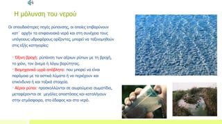 Η μόλυνση του νερού
Οι σπουδαιότερες πηγές ρύπανσης, οι οποίες επιβαρύνουν
κατ΄ αρχήν τα επιφανειακά νερά και στη συνέχεια τους
υπόγειους υδροφόρους ορίζοντες, μπορεί να ταξινομηθούν
στις εξής κατηγορίες:
· Όξινη βροχή: ρύπανση των αέριων ρύπων με τη βροχή,
το χιόνι, τον άνεμο ή λόγω βαρύτητας.
· Βιομηχανικά υγρά απόβλητα: που μπορεί να είναι
παρόμοια με τα αστικά λύματα ή να περιέχουν και
επικίνδυνα ή και τοξικά στοιχεία.
· Αέριοι ρύποι: προσκολλώνται σε αιωρούμενα σωματίδια,
μεταφέρονται σε μεγάλες αποστάσεις και καταλήγουν
στην ατμόσφαιρα, στο έδαφος και στο νερό.
 