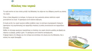 Κύκλος του νερού
Το νερό κινείται σε έναν κύκλο μεταξύ της θάλασσας του αέρα και του εδάφους γνωστό ως κύκλος
του νερού.
Όταν ο ήλιος θερμαίνει τα ποτάμια, τις λίμνες και τους ωκεανούς κάποια ποσότητα νερού
μετατρέπεται σε ατμό. Το φαινόμενο αυτό καλείται εξάτμιση.
Ο ατμός αυτός του νερού κρυώνει καθώς ανεβαίνει προς τα ανώτερα ατμοσφαιρικά στρώματα
(φαινόμενο της συμπύκνωσης) και σχηματίζει σταγόνες οι οποίες συνενώνονται και σχηματίζουν
σύννεφα .
Καθώς τα σύννεφα κρυώνουν περισσότερο οι σταγόνες του νερού γίνονται μεγάλες και βαριές και
πέφτουν ως βροχή, χαλάζι ή χιόνι. Το φαινόμενο αυτό καλείται κατακρήμνιση.
Η βροχή πέφτει στο έδαφος και στα ποτάμια και καταλήγει στις λίμνες και στις θάλασσες. Και ο
κύκλος του νερού ξαναρχίζει.
 