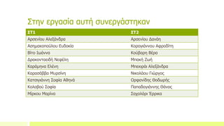 Στην εργασία αυτή συνεργάστηκαν
ΣΤ1 ΣΤ2
Αρσενίου Αλεξάνδρα Αρσενίου Δανάη
Ασημακοπούλου Ευδοκία Κορογιάννου Αφροδίτη
Βίτο Ιωάννα Κούβαρη Βέρα
Δρακονταειδή Νεφέλη Μπακή Ζωή
Καράμηνα Ελένη Μπεκιράι Αλεξάνδρα
Καρασάββα Μυρσίνη Νικολάου Γιώργος
Κατσιγιάννη Σοφία Αθηνά Ορφανίδης Θοδωρής
Κολοβού Σοφία Παπαδογιάννης Θάνος
Μίρκου Μαρίνα Σαχολάρι Έρρικα
 