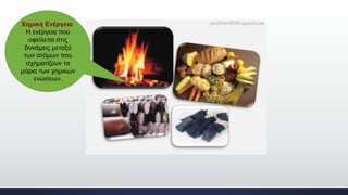 Χημική Ενέργεια
Η ενέργεια που
οφείλεται στις
δυνάμεις μεταξύ
των ατόμων που
σχηματίζουν τα
μόρια των χημικών
ενώσεων.
 