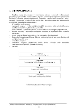 „Projekt współfinansowany ze środków Europejskiego Funduszu Społecznego”
3
1. WPROWADZENIE
Poradnik będzie Ci pomocny w przyswajaniu wiedzy o prawach i obowiązkach
pracodawcy i pracownika, bezpieczeństwie, higienie, ochronie przeciwpoŜarowej i ochronie
środowiska, środkach ochrony indywidualnej, czynnikach szkodliwych w środowisku pracy,
zasadach kształtowania bezpiecznych i higienicznych warunków pracy oraz wymaganiach
ergonomii w środowisku pracy sprzedawcy.
W poradniku zamieszczono:
– wymagania wstępne – wykaz umiejętności, jakie powinieneś mieć juŜ ukształtowane,
abyś bez problemów mógł korzystać z poradnika,
– cele kształcenia – wykaz umiejętności, jakie ukształtujesz podczas pracy z poradnikiem,
– materiał nauczania – wiadomości teoretyczne niezbędne do opanowania treści jednostki
modułowej,
– zestaw pytań, abyś mógł sprawdzić, czy juŜ opanowałeś określone treści,
– ćwiczenia, które pomogą Ci zweryfikować wiadomości teoretyczne oraz ukształtować
umiejętności praktyczne,
– sprawdzian postępów,
– sprawdzian osiągnięć, przykładowy zestaw zadań. Zaliczenie testu potwierdzi
opanowanie materiału całej jednostki modułowej,
– literaturę.
Schemat układu jednostek modułowych
522[01].O1
Podstawy działalności usługowej
522[01].O1.01
Przestrzeganie przepisów bezpieczeństwa i higieny pracy
522[01].O1.02
Przygotowanie do zatrudnienia
522[01].O1.03
Nawiązywanie kontaktów międzyludzkich
 