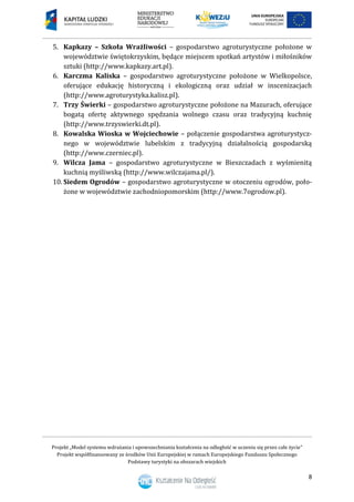Projekt „Model systemu wdrażania i upowszechniania kształcenia na odległość w uczeniu się przez całe życie”
Projekt współfinansowany ze środków Unii Europejskiej w ramach Europejskiego Funduszu Społecznego
Podstawy turystyki na obszarach wiejskich
8
5. Kapkazy – Szkoła Wrażliwości – gospodarstwo agroturystyczne położone w
województwie świętokrzyskim, będące miejscem spotkań artystów i miłośników
sztuki (http://www.kapkazy.art.pl).
6. Karczma Kaliska – gospodarstwo agroturystyczne położone w Wielkopolsce,
oferujące edukację historyczną i ekologiczną oraz udział w inscenizacjach
(http://www.agroturystyka.kalisz.pl).
7. Trzy Świerki – gospodarstwo agroturystyczne położone na Mazurach, oferujące
bogatą ofertę aktywnego spędzania wolnego czasu oraz tradycyjną kuchnię
(http://www.trzyswierki.dt.pl).
8. Kowalska Wioska w Wojciechowie – połączenie gospodarstwa agroturystycz-
nego w województwie lubelskim z tradycyjną działalnością gospodarską
(http://www.czerniec.pl).
9. Wilcza Jama – gospodarstwo agroturystyczne w Bieszczadach z wyśmienitą
kuchnią myśliwską (http://www.wilczajama.pl/).
10. Siedem Ogrodów – gospodarstwo agroturystyczne w otoczeniu ogrodów, poło-
żone w województwie zachodniopomorskim (http://www.7ogrodow.pl).
 