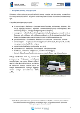 Projekt „Model systemu wdrażania i upowszechniania kształcenia na odległość w uczeniu się przez całe życie”
Projekt współfinansowany ze środków Unii Europejskiej w ramach Europejskiego Funduszu Społecznego
Podstawy turystyki na obszarach wiejskich
9
3. Klasyfikacja usług turystycznych
Ustawa o usługach turystycznych definiuje usługi turystyczne jako usługi przewodnic-
kie, usługi hotelarskie oraz wszystkie inne usługi świadczone turystom lub odwiedzają-
cym.
Klasyfikacja usług turystycznych:
 transportowe – obejmujące transport samochodowy, autokarowy, kolejowy, lot-
niczy, żeglugę pasażerską, wynajem samochodów i przyczep kempingowych, ko-
munikację miejską, usługi parkingowe, pomoc drogową;
 noclegowe – w hotelach, motelach, pensjonatach, kempingach, domach wyciecz-
kowych, schroniskach, schroniskach młodzieżowych, kempingach, polach biwa-
kowych, gospodarstwach agroturystycznych, ośrodkach wczasowych;
 gastronomiczne – realizowane w restauracjach, barach, kawiarniach, pubach;
 rezerwacyjne – obejmujące rezerwację biletów lotniczych, kolejowych, autobu-
sowych, wycieczek, biletów wstępu;
 usługi pośredników i organizatorów turystyki;
 przewodnickie i pilotażowe, informacyjne, ubezpieczeniowe;
 handlowe, kulturalno-rozrywkowe, sportowo-rekreacyjne;
 infrastrukturalne, np. bankowe, pocztowe, rzemieślnicze (np. fotograficzne).
Usługi turystyczne dzieli się również na
podstawowe, obejmujące świadczenia
umożliwiające turystom dojazd, pobyt i
powrót, oraz komplementarne, ułatwiają-
ce dostęp do atrakcji turystycznych, np.
usługi przewodnickie, wyciągi, wypoży-
czalnie sprzętu (Lewandowska 2005,
s. 78).
 