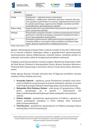 Projekt „Model systemu wdrażania i upowszechniania kształcenia na odległość w uczeniu się przez całe życie”
Projekt współfinansowany ze środków Unii Europejskiej w ramach Europejskiego Funduszu Społecznego
Podstawy turystyki na obszarach wiejskich
7
Składniki Cechy
nalnych.
Usługi Podstawowe – zakwaterowanie i wyżywienie.
Dodatkowe – wędkowanie, myślistwo, zbieranie i suszenie ziół, owo-
ców i grzybów, jazda konna i na rowerze, wypożyczenie konia, brycz-
ki, sprzętu sportowego, organizowanie kuligów, sprzedaż wyrobów
rzemieślniczych, oprowadzanie po regionie.
Kupno usług Bezpośrednio lub za pośrednictwem stowarzyszeń agroturystycz-
nych, czasami biur podróży.
Obsługa Bezpośredni i przyjazny kontakt z osobami przyjmującymi turystów,
gościnność i atmosfera sprzyjająca nawiązaniu wzajemnych więzi, a
wraz z tym przyjazdom w przyszłości.
Inne Rozwijanie zainteresowań, zdobywanie nowych umiejętności, po-
znawanie folkloru i zwyczajów rodzin wiejskich oraz kultury regio-
nalnej, aktywny wypoczynek w wiejskiej przestrzeni.
Źródło: Sikora 2012, s. 136
Zgodnie z Marketingową strategią Polski w sektorze turystyki na lata 2012–2020 turysty-
ka na terenach wiejskich, obejmująca: pobyty w gospodarstwach agroturystycznych,
ekoturystycznych, imprezy folklorystyczne, rzemiosło ludowe, zwiedzanie parków na-
rodowych, rezerwatów, należy do strategicznych produktów markowych.
Przykłady markowych produktów turystyki wiejskiej: Miodobranie Kurpiowskie, Podla-
ski Szlak Bociani, Weekend w Rzeczpospolitej Ptasiej, Muzeum Narodowe Rolnictwa i
Przemysłu Rolno-Spożywczego w Szreniawie, Kraina w Kratę, Kraina Żubra, Kurpiowsz-
czyzna.
Polska Agencja Rozwoju Turystyki stworzyła listę 10 flagowych produktów turystyki
wiejskiej w Polsce. Znalazły się na niej:
1. Uroczysko Zaborek – zabytkowy, ponad 50-hektarowy kompleks starej drew-
nianej architektury przystosowanej do potrzeb hotelowych, położony na terenie
Parku Krajobrazowego Podlaski Przełom Bugu (http://www.zaborek.com.pl).
2. Małopolska Wieś Pachnąca Ziołami – szlak łączący 22 gospodarstwa w Mało-
polsce, specjalizujące się w uprawie i wykorzystaniu ziół
(http://szlakimalopolski.mik.krakow.pl/?szlaki=malopolska-wies-pachnaca-
ziolami).
3. Ziołowy Zakątek – gospodarstwo agroturystyczne na Podlasiu z ogrodem zio-
łowym, posiadającym największą w Polsce kolekcję roślin leczniczych
(http://ziolowyzakatek.pl).
4. Tatarska Jurta – gospodarstwo agroturystyczne na Podlasiu, promujące kulturę
tatarską (http://www.kruszyniany.pl).
 