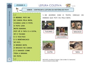1.°Ano
2.ºBIMESTRE/2013 VAMOS CONTINUAR A LEITURA DA HISTÓRIA DE POTI?
ATIVIDADE 9
(...)
O MENINO POTI VAI
DE CANOA PELA MATA.
A CANOA LEVA O POTE.
O POTE LEVA
MUITA BANANA.
POTI VÊ O TATU E A CUTIA,
VÊ O TUCANO
E O TICO-TICO
E O BEBÊ-MACACO
VÊ POTI.
O MENINO BOTA
O MACACO NA CANOA
E O DANADO COME
TODA A BANANA
DO POTE.
(...)
1- DE ACORDO COM O TEXTO, CIRCULE OS
ANIMAIS QUE POTI VIU PELA MATA.
colunas.globorural.globo.com
flickr.comportalamazonia.com.br
Portslsaofranciso.com.br
TUCANO
CACHORRO
MACACO
TATUCUTIA
MULTIRIO
ahmanolo.com.br
11
LEITURA COLETIVA
MACHADO, Ana Maria & Claudius. Cabe na Mala. Ed. Salamandra.
Acervo da Sala de Leitura/ SME
 