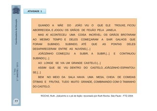 1.°Ano
2.ºBIMESTRE/2013
ATIVIDADE 1
QUANDO A MÃE DO JOÃO VIU O QUE ELE TROUXE, FICOU
ABORRECIDA, E JOGOU OS GRÃOS DE FEIJÃO PELA JANELA.
MAS AÍ ACONTECEU UMA COISA INCRÍVEL: OS GRÃOS BROTARAM
AO MESMO TEMPO E DELES COMEÇARAM A SAIR GALHOS QUE
FORAM SUBINDO, SUBINDO, ATÉ QUE AS PONTAS DELES
DESAPARECERAM ENTRE AS NUVENS.[...]
JOÃOZINHO COMEÇOU A SUBIR, A SUBIR.[...] E CONTINUOU
SUBINDO.[...]
AO LONGE SE VIA UM GRANDE CASTELO.[...]
ASSIM QUE SE VIU DENTRO DO CASTELO, JOÃOZINHO ESPANTOU-
SE.[...]
BEM NO MEIO DA SALA HAVIA UMA MESA, CHEIA DE COMIDAS
ÓTIMAS E FRUTAS, TUDO MUITO GRANDE, COMBINANDO COM O TAMANHO
DO CASTELO.
77
ROCHA, Ruth. Joãozinho e o pé de feijão: recontado por Ruth Rocha. São Paulo : FTD 2004.
 