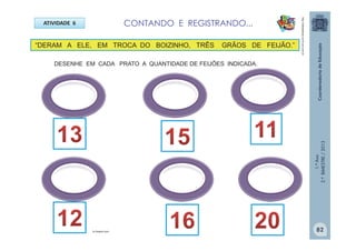 1.ºAno
2.ºBIMESTRE/2013
ATIVIDADE 6
“DERAM A ELE, EM TROCA DO BOIZINHO, TRÊS GRÃOS DE FEIJÃO.”
CONTANDO E REGISTRANDO...
DESENHE EM CADA PRATO A QUANTIDADE DE FEIJÕES INDICADA.
br.freepik.com
http://sitededicas.ne10.uol.com.br
82
 