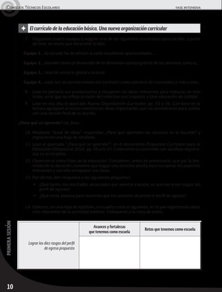 10
primerasesiónConsejos Técnicos Escolares	 fase intensiva
Lograr los diez rasgos del perfil
de egreso propuesto
Avances y fortalezas
que tenemos como escuela
Retos que tenemos como escuela
7.	 Organicen cuatro equipos y asignen uno de los siguientes enunciados para escribir, a partir
de éste, un texto que desarrolle la idea.
Equipo 1… la escuela ha de ofrecer a cada estudiante oportunidades…
Equipo 2… atender tanto al desarrollo de la dimensión sociocognitiva de los alumnos como a…
Equipo 3… relación entre lo global y lo local.
Equipo 4… cada vez se concibe menos (el currículo) como una lista de contenidos y más como…
8.	 Lean en plenaria sus producciones y recuperen las ideas relevantes para elaborar un solo
texto, en el que se refleje la visión del colectivo con respecto a Una educación de calidad.
9.	 Lean en voz alta el apartado Nueva Organización Curricular, pp. 33 a 36. Con base en la
lectura agreguen al texto colectivo las ideas importantes que no consideraron para contar
con una versión final de su escrito.
¿Para qué se aprende? Los fines
10.	Mediante “lluvia de ideas” respondan: ¿Para qué aprenden los alumnos en la escuela? y
registren en una hoja de rotafolio.
11.	Lean el apartado “¿Para qué se aprende?”, en el documento Propuesta Curricular para la
Educación Obligatoria 2016, pp. 36 a la 39. Contrasten su contenido con las ideas registra-
das en el rotafolio.
12.	Observen el video Fines de la educación. Consideren, antes de presentarlo, que por la bre-
vedad de su duración, conviene que hagan una escucha atenta para recuperar los aspectos
relevantes y con ello enriquecer sus ideas.
13.	Por último, den respuesta a las siguientes preguntas:
▶	 ¿Qué tanto, los resultados alcanzados por nuestra escuela, se acercan a los rasgos del
perfil de egreso?
▶	 ¿Qué retos plantea para nosotros que los alumnos alcancen el perfil de egreso?
14.	Elaboren, en una hoja de rotafolio, un cuadro como el siguiente, en el que registren las ideas
más relevantes de la actividad anterior. Colóquenlo a la vista de todos.
✦ El currículo de la educación básica. Una nueva organización curricular
 