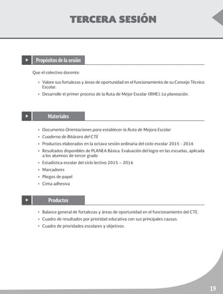 ruta de mejora escolar	 Educación Secundaria
19
TERCERA SESIÓN
Que el colectivo docente:
•	 Valore sus fortalezas y áreas de oportunidad en el funcionamiento de su Consejo Técnico
Escolar.
•	 Desarrolle el primer proceso de la Ruta de Mejor Escolar (RME): La planeación.
•	Documento Orientaciones para establecer la Ruta de Mejora Escolar
•	 Cuaderno de Bitácora del CTE
•	 Productos elaborados en la octava sesión ordinaria del ciclo escolar 2015 - 2016
•	 Resultados disponibles de PLANEA Básica. Evaluación del logro en las escuelas, aplicada
a los alumnos de tercer grado
•	 Estadística escolar del ciclo lectivo 2015 – 2016
•	Marcadores
•	 Pliegos de papel
•	 Cinta adhesiva
•	 Balance general de fortalezas y áreas de oportunidad en el funcionamiento del CTE.
•	 Cuadro de resultados por prioridad educativa con sus principales causas.
•	 Cuadro de prioridades escolares y objetivos.
▶ Propósitos de la sesión
▶ Materiales
▶ Productos
 
