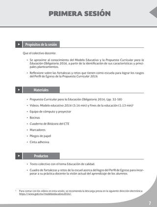 ruta de mejora escolar	 Educación Secundaria
7
PRIMERA SESIÓN
Que el colectivo docente:
•	 Se aproxime al conocimiento del Modelo Educativo y la Propuesta Curricular para la
Educación Obligatoria 2016, a partir de la identificación de sus características y princi-
pales planteamientos.
•	 Reflexione sobre las fortalezas y retos que tienen como escuela para lograr los rasgos
del Perfil de Egreso de la Propuesta Curricular 2016
1
	 Para contar con los videos en esta sesión, se recomienda la descarga previa en la siguiente dirección electrónica:
https://www.gob.mx/modeloeducativo2016/.
•	 Propuesta Curricular para la Educación Obligatoria 2016, (pp. 32-58)
•	Videos: Modelo educativo 2016 (5:16 min) y Fines de la educación (1:13 min)1
•	 Equipo de cómputo y proyector
•	Bocinas
•	 Cuaderno de Bitácora del CTE
•	Marcadores
•	 Pliegos de papel
•	 Cinta adhesiva
•	 Texto colectivo con el tema Educación de calidad. 	
•	 Cuadro de fortalezas y retos de la escuel acerca del logro del Perfil de Egreso para incor-
porar a su práctica docente la visión actual del aprendizaje de los alumnos.
▶ Propósitos de la sesión
▶ Materiales
▶ Productos
 