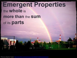 Emergent Properties
Photo by Stephen Taylor: http://www.flickr.com/photos/gurustip/9668701965/in/photostream
the whole is
more than the sum
of its parts
 