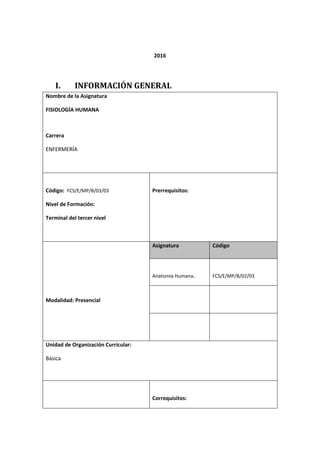 2016
I. INFORMACIÓN GENERAL
Nombre de la Asignatura
FISIOLOGÍA HUMANA
Carrera
ENFERMERÍA
Código: FCS/E/MP/B/03/03
Nivel de Formación:
Terminal del tercer nivel
Prerrequisitos:
Modalidad: Presencial
Asignatura Código
Anatomía Humana. FCS/E/MP/B/02/03
Unidad de Organización Curricular:
Básica
Correquisitos:
 